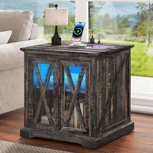 YITAHOME End Table, Farmhouse Sofa Side Coffee Table with Charging Station and LED Lights Bedside Table, Nightstand Storage for Living Room, Bedroom, Office, Dark Rustic Oak