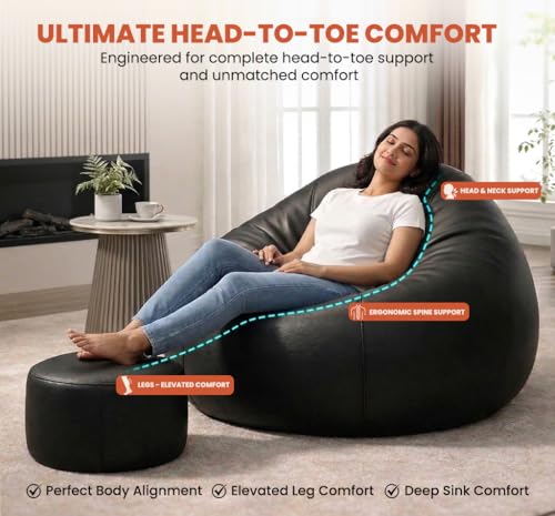 Image of Sattva Classic 4XL Bean Bag Chair with Beans Filled | Faux Leather Sofa Style Beanbags Combo with Footstool & Cushion | Comfortable Bin Bags Sofa for Adults & Home Office Seating - Black