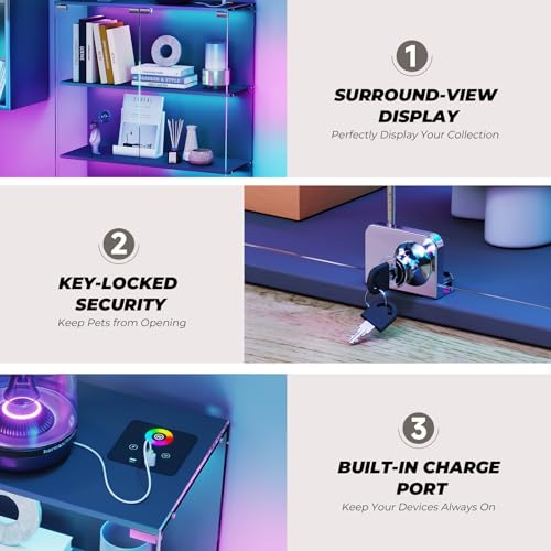 VersionTECH. Glass Display Cabinet with RGB LED Lights, Full-View Display, 3-Tier Display Case with Glass Doors for Collectibles, Cabinets with Lock, Human Sensor, Charging Station, Black by VersionTECH. - Image 7
