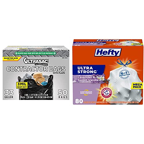 Ultrasac - 891454 Ultrasac Contractor Trash Bags - (50 Pack/W Ties) & Hefty Ultra Strong Tall Kitchen Trash Bags, Lavender & Sweet Vanilla Scent, 13 Gallon, 80 Count #TOP20