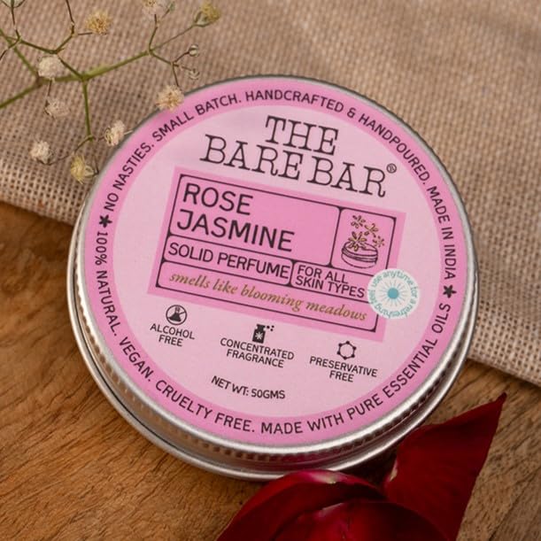 Image of The Bare Bar Rose Jasmine Solid Perfume - 50gm | Floral Fragrance| Odor & Sweat Control | Natural formula and Chemical free| Good for all skin types | Travel Mini Size Solid Perfume for Men & Women