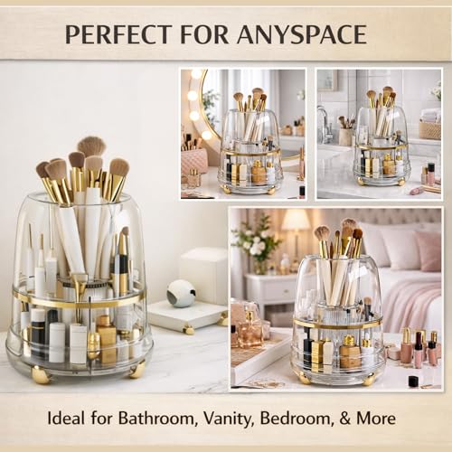 Image of KREPS 360 Rotating Makeup Brush Holder with Lid, Makeup Organizer for Nail Polish Perfume Lipstick Pen-Pencil Paint Brush Stationary, Multifunctional Dressing Table Storage