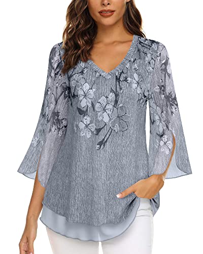 Timeson Women's 3/4 Sleeve Floral Blouses Shirts Double Layers V Neck Dressy Tunics Tops2