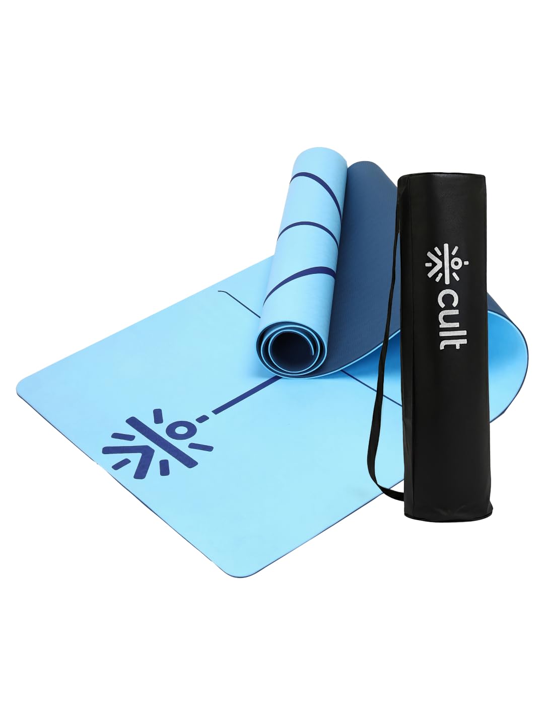 Cult TPE Yoga Mat 6mm – Non-Toxic, Latex-Free, Eco-Friendly, Tear-Resistant, Non-Slip Exercise Mat with Extra Cushioning , Carry Strap and Bag – Ideal for Yoga, Pilates, Meditation & Fitness - Blue with Alignment Marking