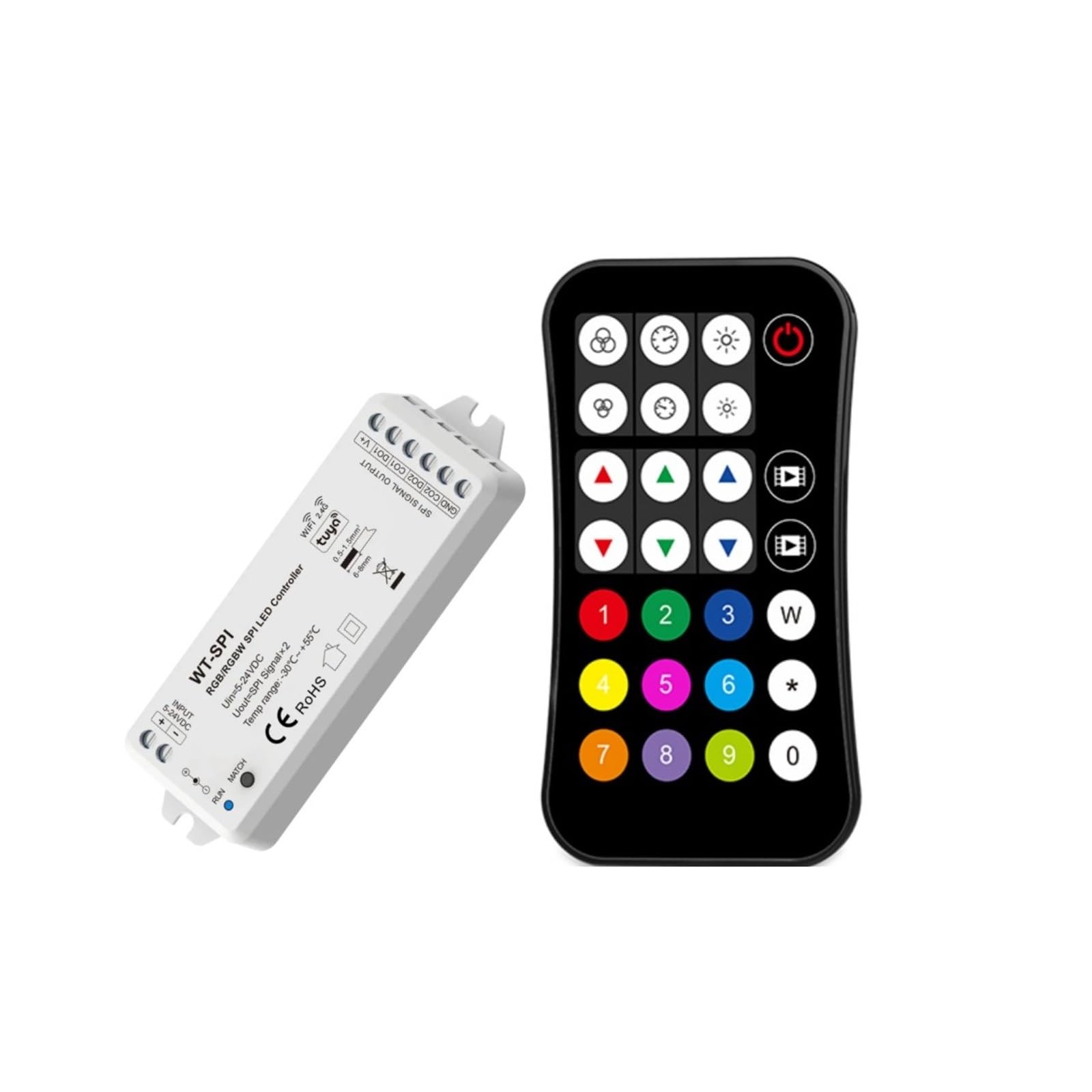 WT-SPI Tuya 5V-24VDC 12V 2.4G RF SPI LED Wifi Controlador R9 Control remoto para WS2811 WS2812 WS2815 UCS1903 Pixel RGB/RGBW Tira de luz LED (Color: WT-SPI y R9 Negro)