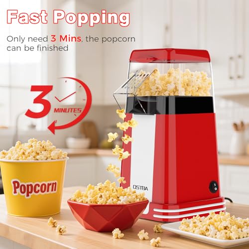 Image of OSTBA Hot Air Popcorn Popper, 12-Cup Popcorn Maker Machine, Red | 1200W Power, Retro Countertop Style, Measuring Cup, One-Switch Use, Movie Night & Party Snacks