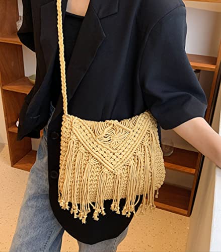 Image of Crossbody Purse for Women Cute Macrame Hobo Satchel Bags Knit Summer Beach Bag Tassels Shoulder Crochet Tote Handbag
