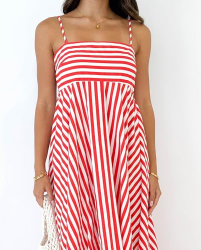 Image of NUFIWI Women Summer Striped Maxi Dress Spaghetti Strap Cutout Ruffle Long Dress Flowy Swing Beach Vocation Dress