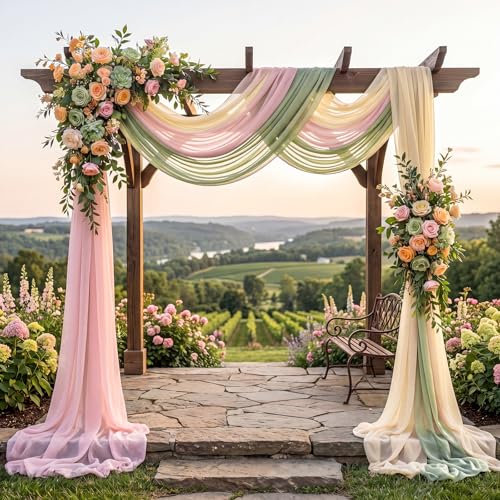 Image of Pink Sage Green Party Decoration Draping Fabric 3 Panels 2.46 x 20ft Sheer Chiffon Backdrop in Pink, Green, and Champagne for Wedding Arch Ceremony, Birthday, Bridal Shower Party Decoration