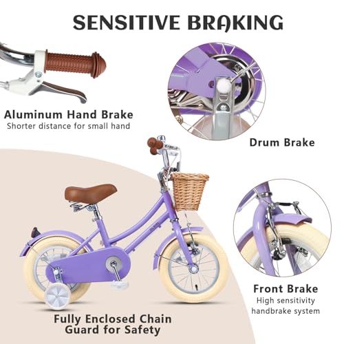 Miniatura 3 de Glerc 12 Pulgadas Bicicleta Infantil Estilo Retro Vintage Para Niñas De 2 3 4 Años Con Ruedas De Entrenamiento, Cesta Y Timbre, Violet