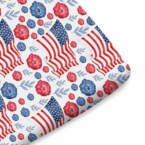 Image of American Flag Blue Red Floral Baby Crib Sheets for Boys Girls 52 inchx28 inch Patriotic 4th of July Independence Day Soft Breathable Toddler Nursery Bed Sheet for Standard Crib and Toddler Mattresses White