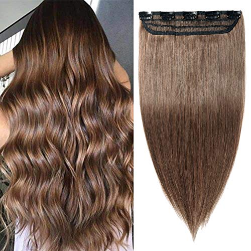 S-noilite 24Inch One Piece Clip in Human Hair Extensions 3/4 Full Head 5 Clips 60g 100% Real Remy Hair for Women #6 Light Brown
