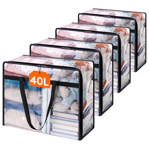 Lifewit 4 Pack Clear Plastic Storage Bags, 40L Foldable Clothes Storage Boxes Wardrobe Organizer Moving Bags with Reinforced Handle for Loft Wardrobe for Bedding Clothes Blanket Duvet