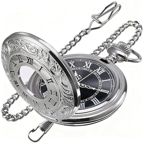 Tiong Silver Vintage Roman Pocket Watch with Chain Black Roman Numeral Dial Mens Quartz Pocket Watch Classic Quartz Pocket Watches with Chain