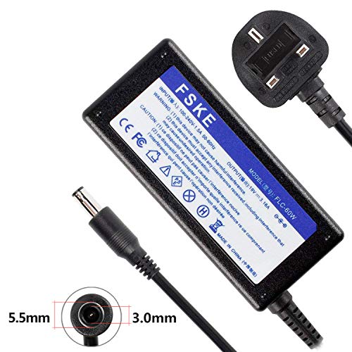 FSKE 60W 19V 3.16A Laptop Charger for Samsung R720 R710 R610 R428 NP350V5C R580 NP300E5A RV510 RV720 R510 R410 NP550P5C NP355V5C R520 NP305E7A RC720 RV520 Notebook AC Adapter UK power supply,5.5*3.0mm