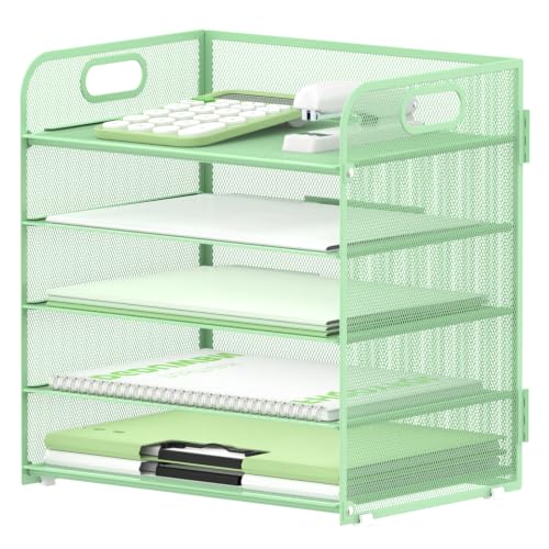 Image of Supeasy 5 Trays Paper Organizer Letter Tray with Handle-Mesh Desk File Holders, Paper Sorter Desk Organizer for Office, Home, Classroom or School(Mint Green)