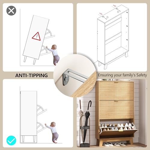 Image of HUANLEGO Shoe Cabinet Storage for Entryway with 3 Flip Drawers, Fluted Narrow Shoe Organizer with Wooden Legs, Freestanding Slim Shoe Storage Hidden Shoe Rack Organizer for Front Door Entrance, Oak