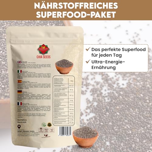 Chiasamen 1kg – 100% Natürlich, Reich an Omega-3, Ballaststoffen & Protein – Vegan, Glutenfrei, Rohes Superfood – Ideal für Smoothies, Backen, Porridge, Salate – Wiederverschließbarer Beutel