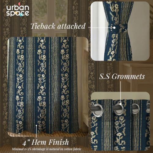 Image of Urban Space 100% Cotton Floral Curtains 5 Feet Long Set of 2, 60-65% Room Darkening, Decorative Curtains with Eyelets /Rings for Hanging, Tieback Included (Garden Trail Indigo, Window - 5 Feet)