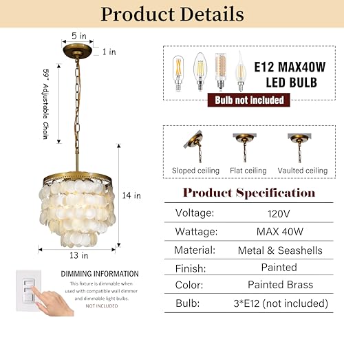 ALOADECOR 3-Light Coastal Capiz Natural Seashell Chandelier Lighting Unique 3 Tiers Ceiling Light Antique Brass Electroplate Flush Mount Interior Decor Pendant Light Fixture W13.75 inch (Gold) - Image 3