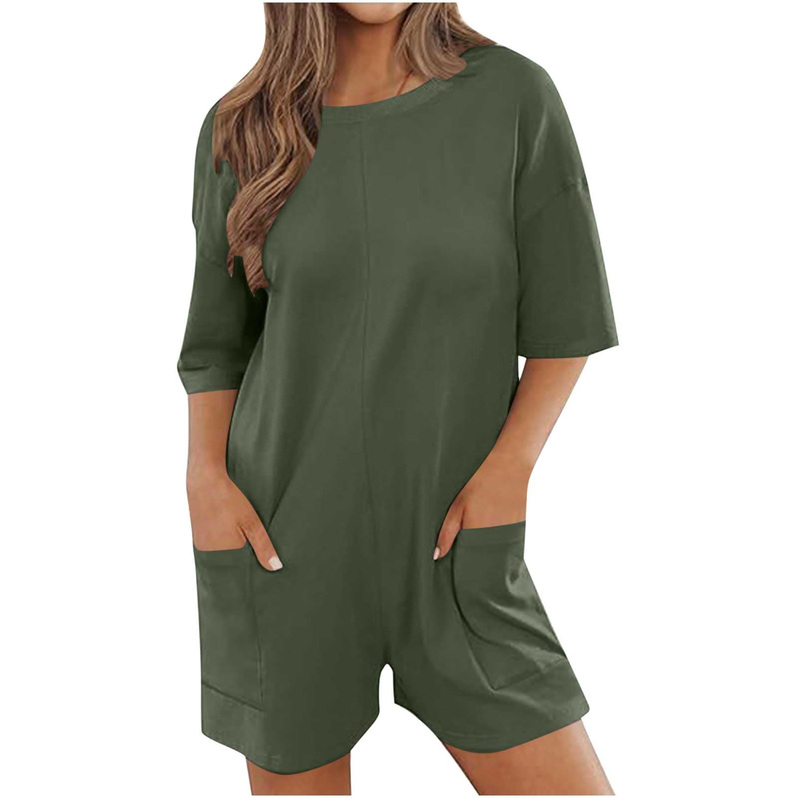 NUSGEAR 2024 Mono Peto corto Mujer Jumpsuit Moda Casual Suelto Camiseta manga corta Deporte Pantalones corto Bolsillo Color Sólido Peto Pierna Ancha Rompers Fiesta Cómodo verano