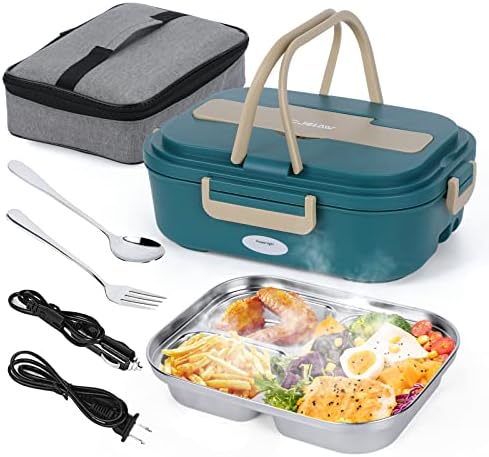 CJOIAW Electric Lunch Box Leak Proof, Food Heated 12V 24V 110V Portable Heating Box Heater for Car/Truck/Home heated lunch boxes for adults 1.5L Removable Stainless Steel Container
