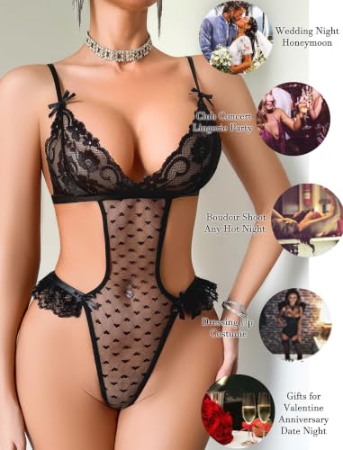 One Piece Lingerie for Women Sexy Lace Teddy Sheer Mesh Bodysuit Black XS - image 4