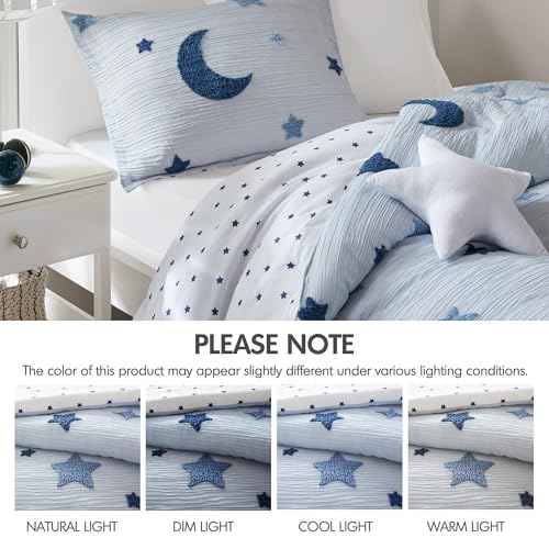 Image of Intelligent Design Kids Blue Star Moon Twin Comforter Set, 3pc | Children Bedding, Back to School for Girls, Tufted Chenille, Reversible, Lightweight, Machine Washable, Easy Care, All-Season