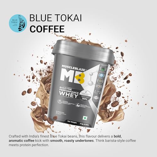 Image of MuscleBlaze Biozyme Performance Whey Protein Powder, Blue Tokai Coffee (4kg / 8.8lbs) | 25g Protein Per Scoop | Clinically Tested 50% Higher Protein Absorption