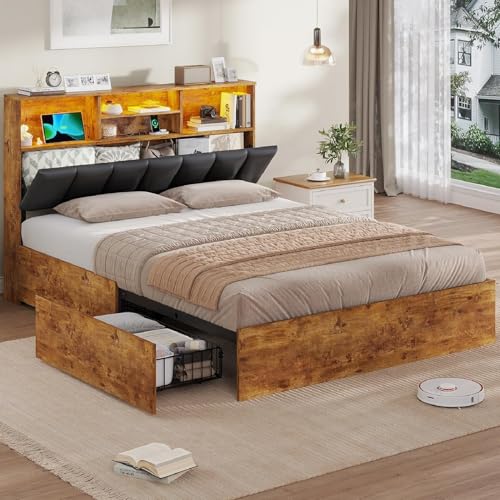 AOGLLATI Bett 140×200 cm, Polsterbett mit Ladestation und LED-Beleuchtung, Doppelbett Stauraumbett mit Stauraum Kopfteil, 4 Schubladen, Lattenrost,...