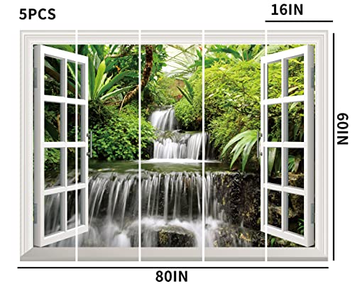 FLFK Fake Window Wall Sticker - Waterfall Faux Window Wall Mural for Wall Decor, Stick and Peel Wall Decals,60"x80",Set of 5 Sheets