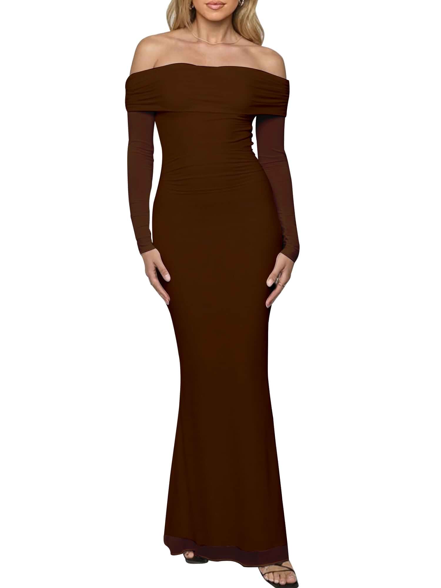 BORIFLORS Women's Off The Shoulder Bodycon Wedding Guest Maxi Dress Mesh Ruched, Fall Winter, Elegant Trendy, Cocktail Party Long Formal Dresses