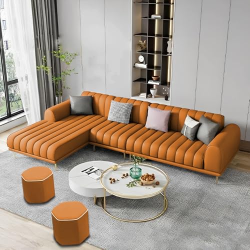 Image of Casaliving Herrick LHS 6 Seater L Shape Sofa Set with 2 Puffy for Living Room (Orange) Premium Velvet Fabric Sofa