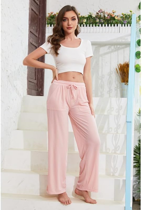 LYCY Women Soft Pajama Long Pants, Comfy Wide Leg Lounge Pants With Pockets Stretch knit Pajama Bottoms - Image 2