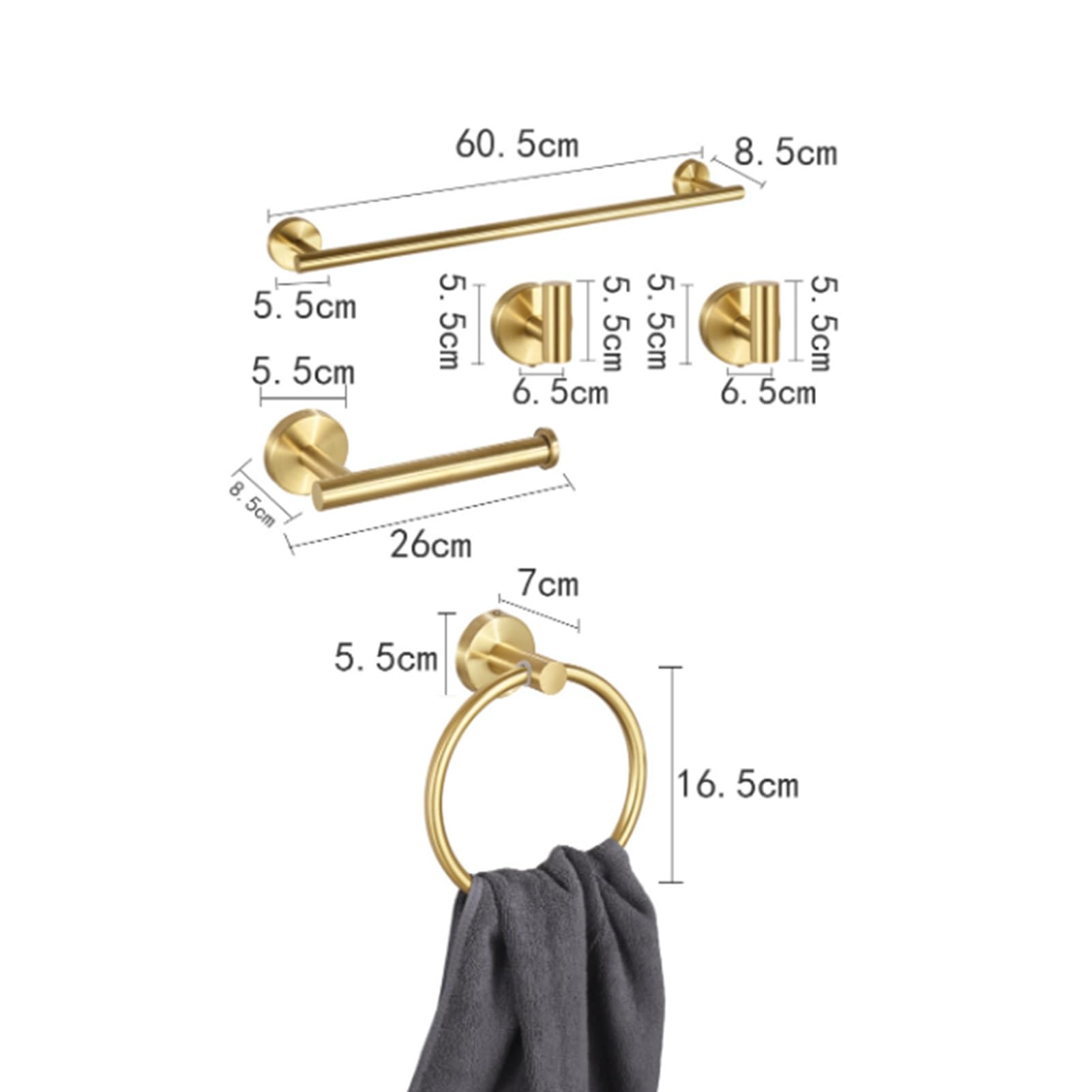 Juego Accesorios Baño Portarrollos Papel Higiénico Negro | Anillo para Toalla Herrajes Acabado Dorado Cepillado,Soporte para Toalla Mano Ganchos Batas Montaje Pared(Silver)