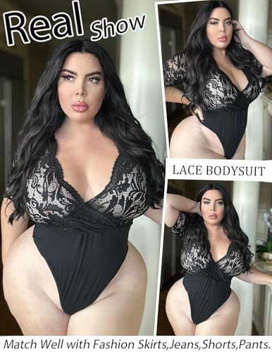 Image of Avidlove Women Lace Bodysuit Lingerie Tops Sexy Deep V Bodysuit Tops One Piece Body Suit Short Sleeve S-XXXL