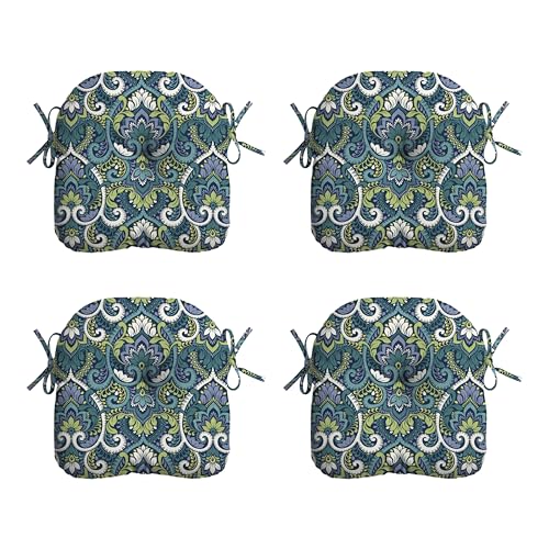 Image of Arden Outdoor Tufted Bistro Seat Cushion, Set of 4, 14.5 in x 15 in, Rain-Proof, Fade Resistant Sapphire Aurora Blue Damask