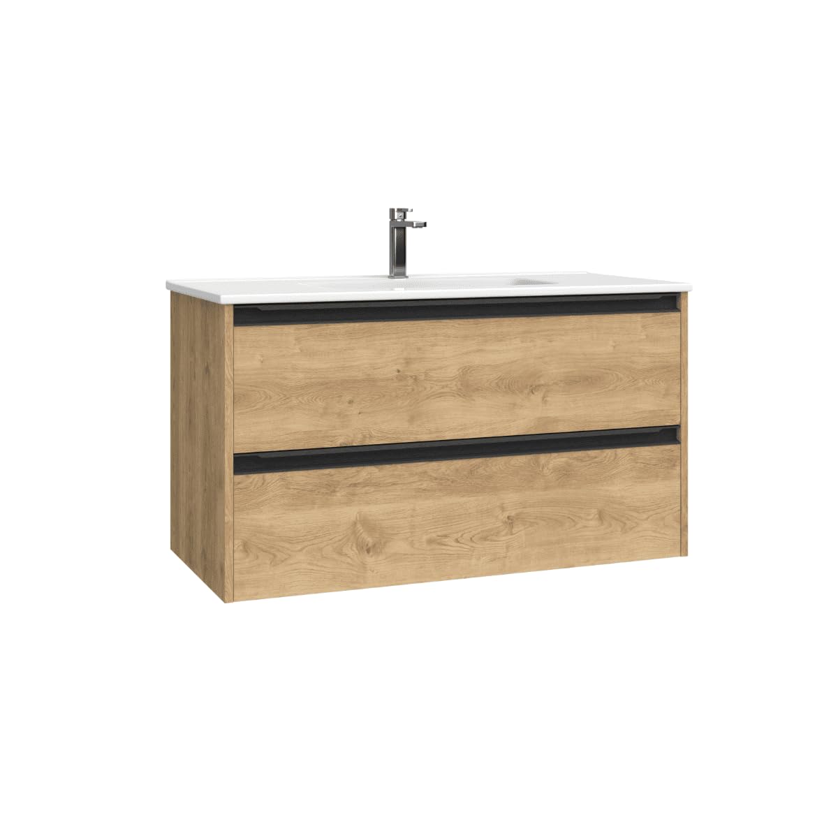 Mueble de Baño Suspendido Fondo Reducido con Lavabo Cerámico para Aseos| Mueble Volado 2 Cajones con Tirador | 50 cm Roble Natural Tirador Negro