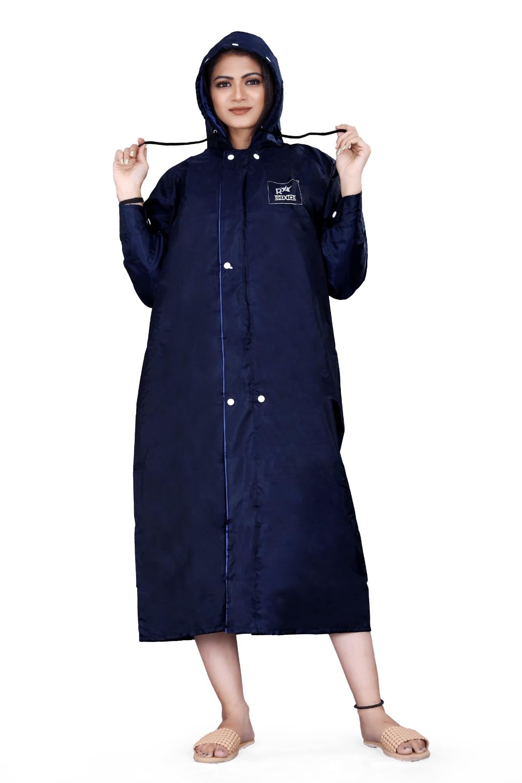CRYSTAL REVENUE Women's Polyester Hooded Outdoor Waterproof Long Lightweight Waterproof Portable Raincoat Suit for Girls Pack of 01. (XX-Large, Navy Blue)