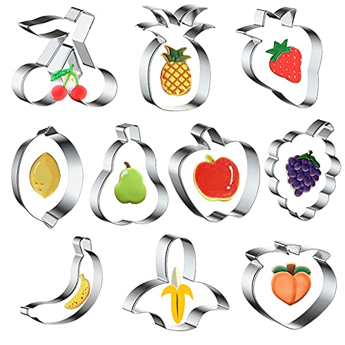Wonmon Juego de 10 cortadores de galletas de frutas, de acero inoxidable, cortadores de galletas, de piña, fresa, pera, limón, manzana, uva, melocotón, plátano, formas de cereza, cortadores de