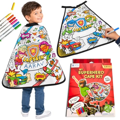 Image of PepPlay Superhero Cape Coloring Kit - Personalised Cotton Cape, Comic Heroes & Shields | Eye Mask + 6 Washable Markers | Reusable Pretend Play Birthday Return Gift for Boys Age 4-8