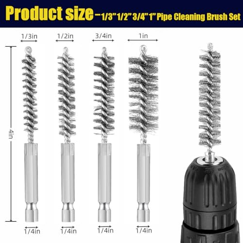 Image of Copper Pipe Cleaner, 8 Pcs Bore Brush in Different Sizes, Drill Cleaning Brush Set for Pipe Diameter 1 /3'' 1 /2 inch 3 /4 inch 1 inch Stainless Steel Wire Hole Brush with 1 /4 inch Hex Handle