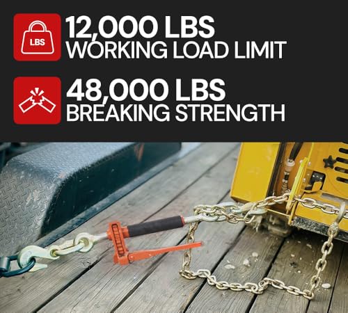 Image of Mytee Products 2 Pack 3 /8 inch - 1 /2 inch Hi-Viz Orange Quick Folding Handle Ratchet Load Binder with Grab Hook 12,000 lbs WLL | Tie Down Hauling Chain Binders for Flatbed Truck Trailer