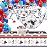 Décorations de fête nautique, fournitures d'anniversaire sur le thème Anckor avec bannière « Happy Birthday », filet de pêche, nappe, ballons à suspendre pour anniversaire sur le thème nautique, tout