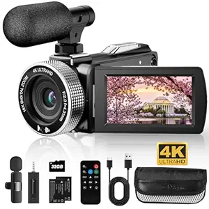 4K Video Camera Camcorder 60FPS 48MP Vlogging Camera for YouTube, Kids Video Camera, 3 Inch Screen Digital Camera Recorder with Wireless Lavalier Microphone, Remote Control, 2 Batteries, 64GB Card