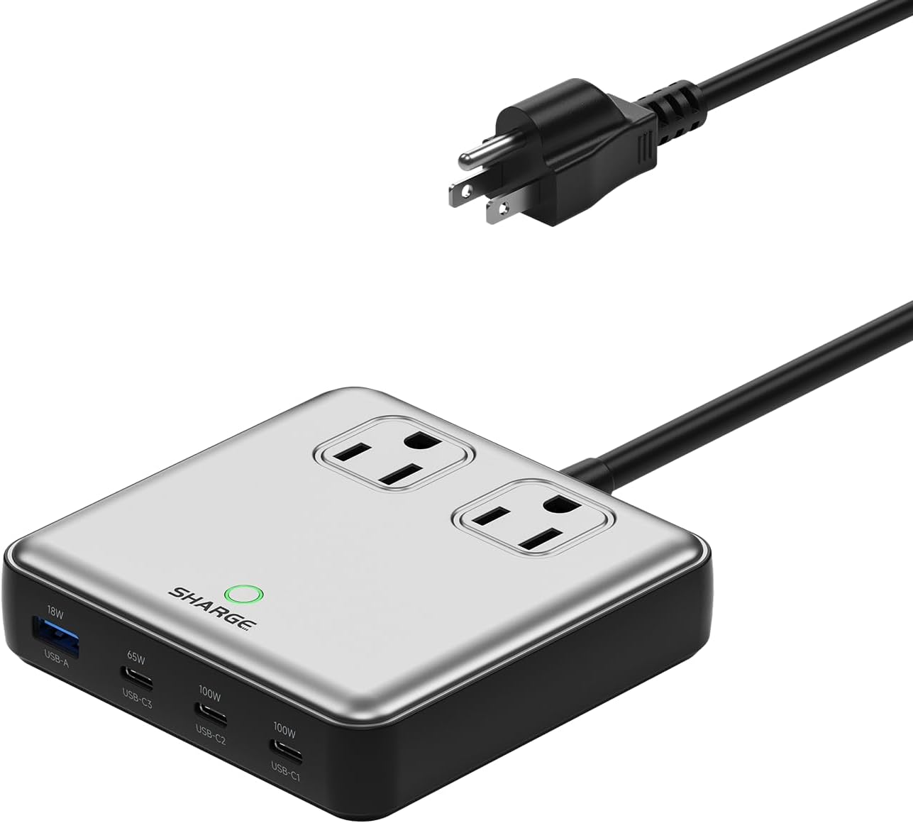 SHARGE 6-in-1 Charging Station 100W GaN Power Strip PD Desk Charger With 5 ft Cord, 2 AC, 3 USB-C, 1 USB-A Port for Home Office Travel