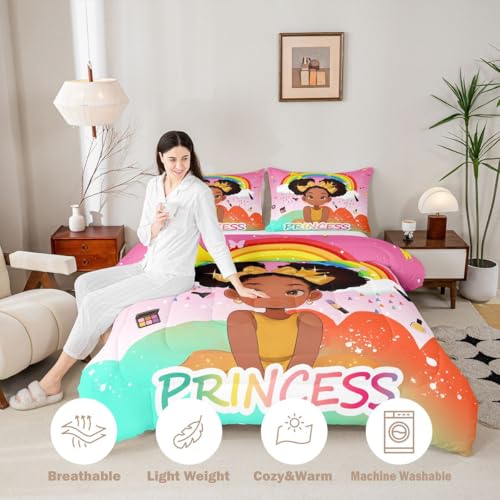 Image of Erosebridal Rainbow Black Girls Comforter Set King Size African American Bedding Set Black Princess Girl Makeup Quilt Comforter Afro Little Girl Bed Set for Kids Melanin Bedroom Decor