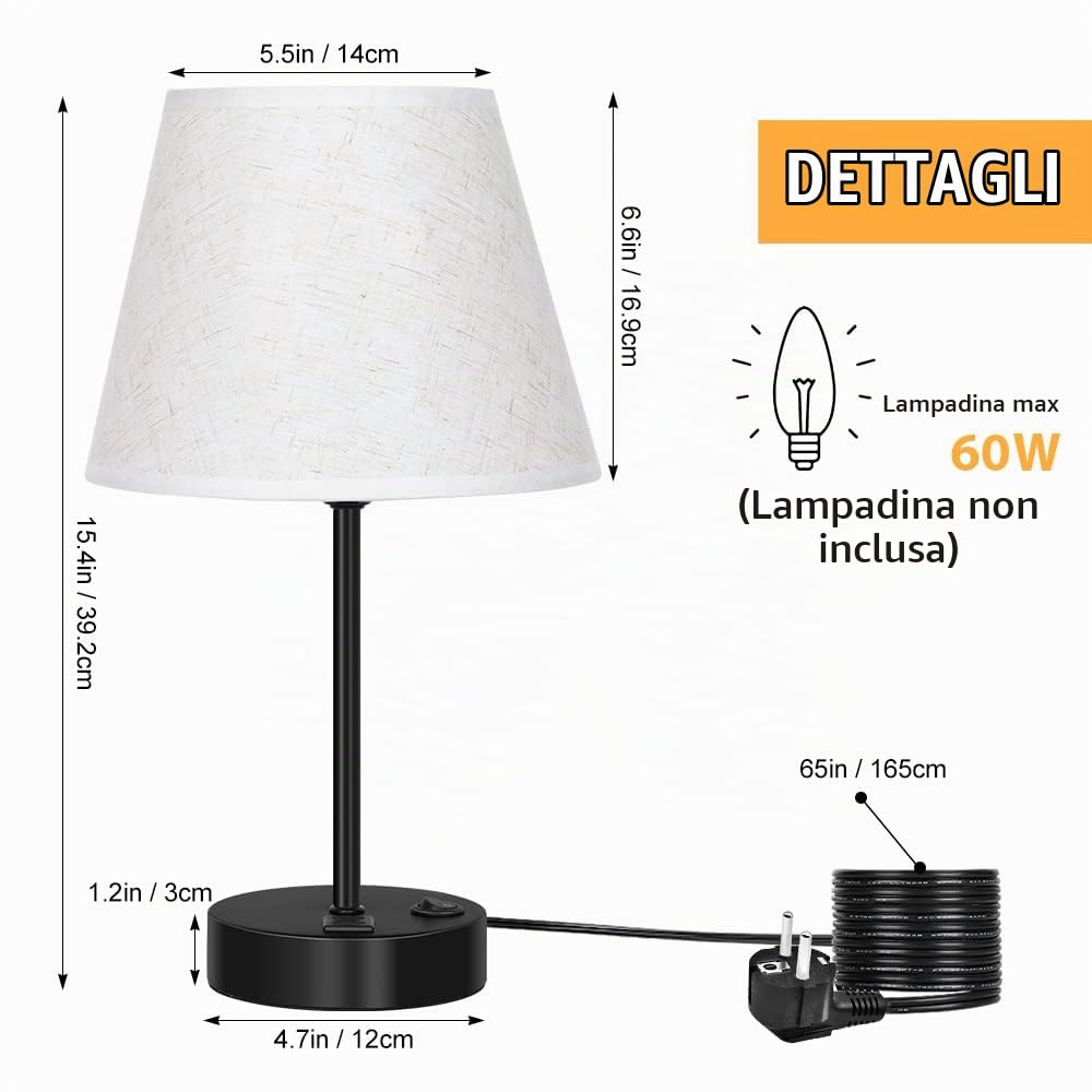 LIANTRAL Set di 2 lampade da comodino con 2 porte USB, E27, lampada da tavolo moderna, Paralume in tessuto, base in metallo, lampada da tavolo per camera da letto, soggiorno, ufficio