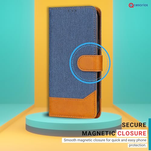 Image of Accesorios Realme 12 Plus 5G Flip Back Cover Case | Denim Fabric | Eco-Friendly Leather | Magnetic Closure | Shockproof Stylish Mobile Flip Cover for Realme 12 Plus 5G (Blue)
