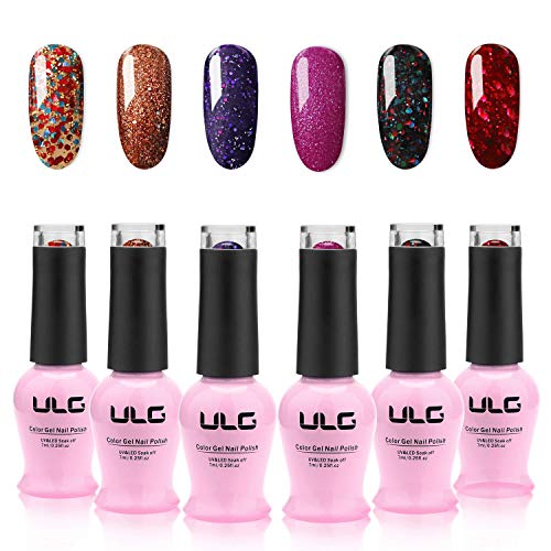 Gel Nail Polish Set - ULG 6 Glitter Color Soak Off UV LED Gel Polish Set Home Salon Gel Manicure Classical Color Collection Series